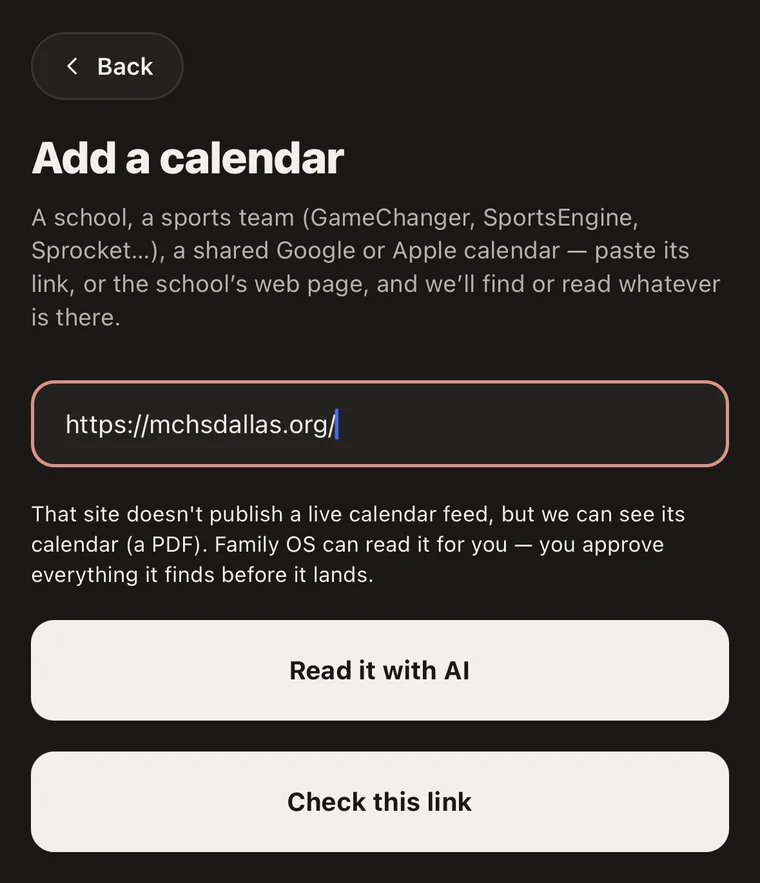 Add a calendar in Qilt: a school web page pasted in, with 'Read it with AI' offered because the site only publishes a PDF calendar