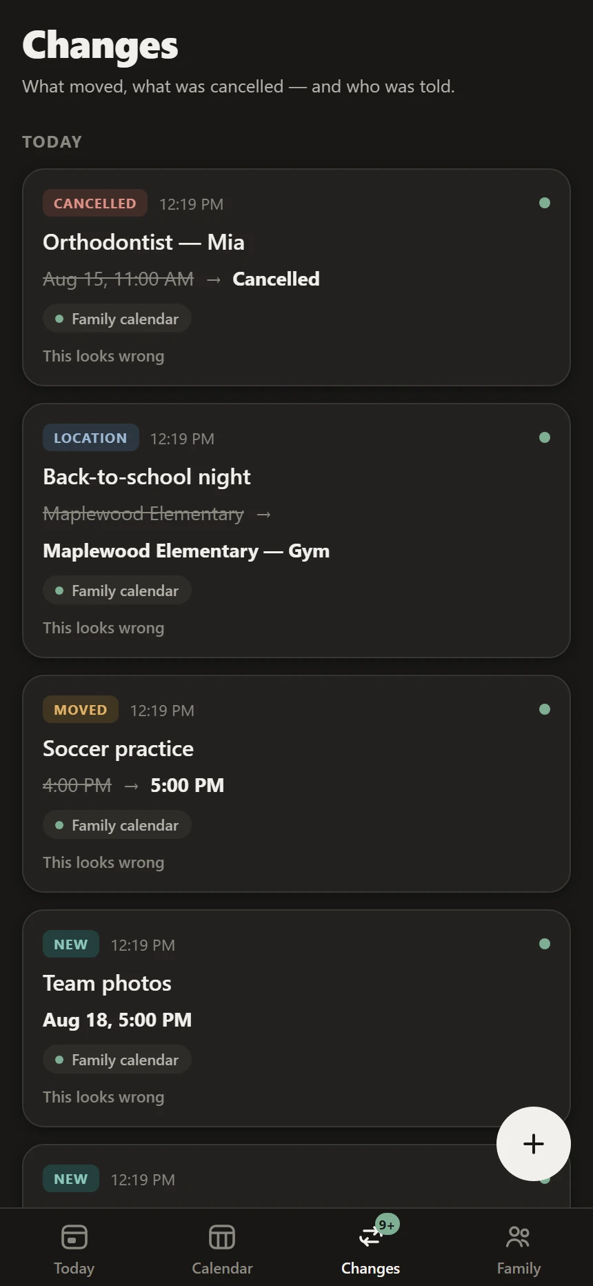 The Changes feed — a moved practice showing 4:00 PM struck through and 5:00 PM in bold, with its source