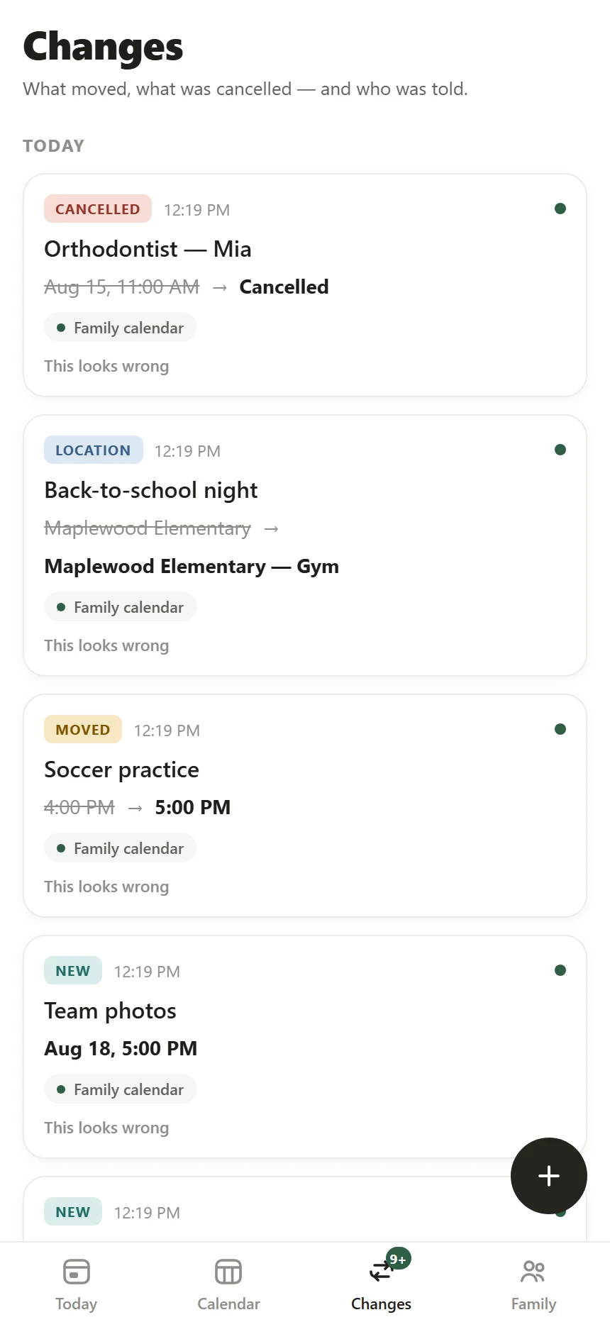 The Changes feed — a moved practice showing 4:00 PM struck through and 5:00 PM in bold, with its source