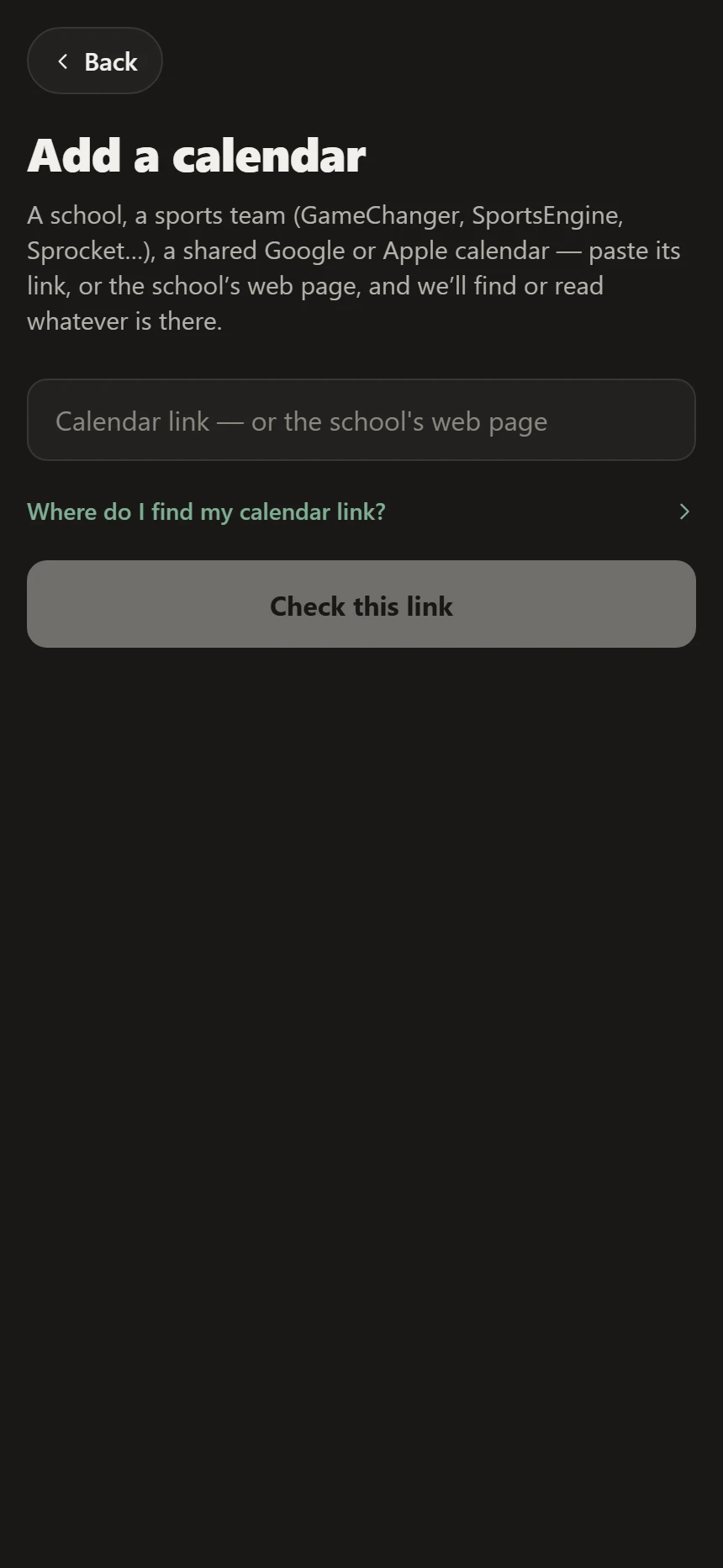 Add a calendar in Qilt — one box that accepts a calendar link or the school web page it sits on
