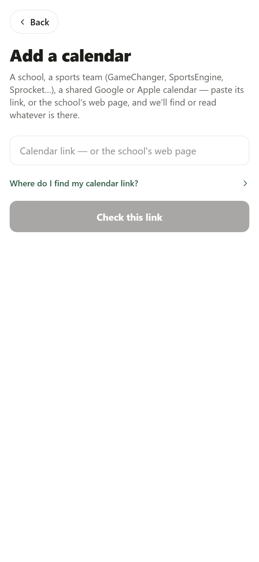 Add a calendar in Qilt — one box that accepts a calendar link or the school web page it sits on