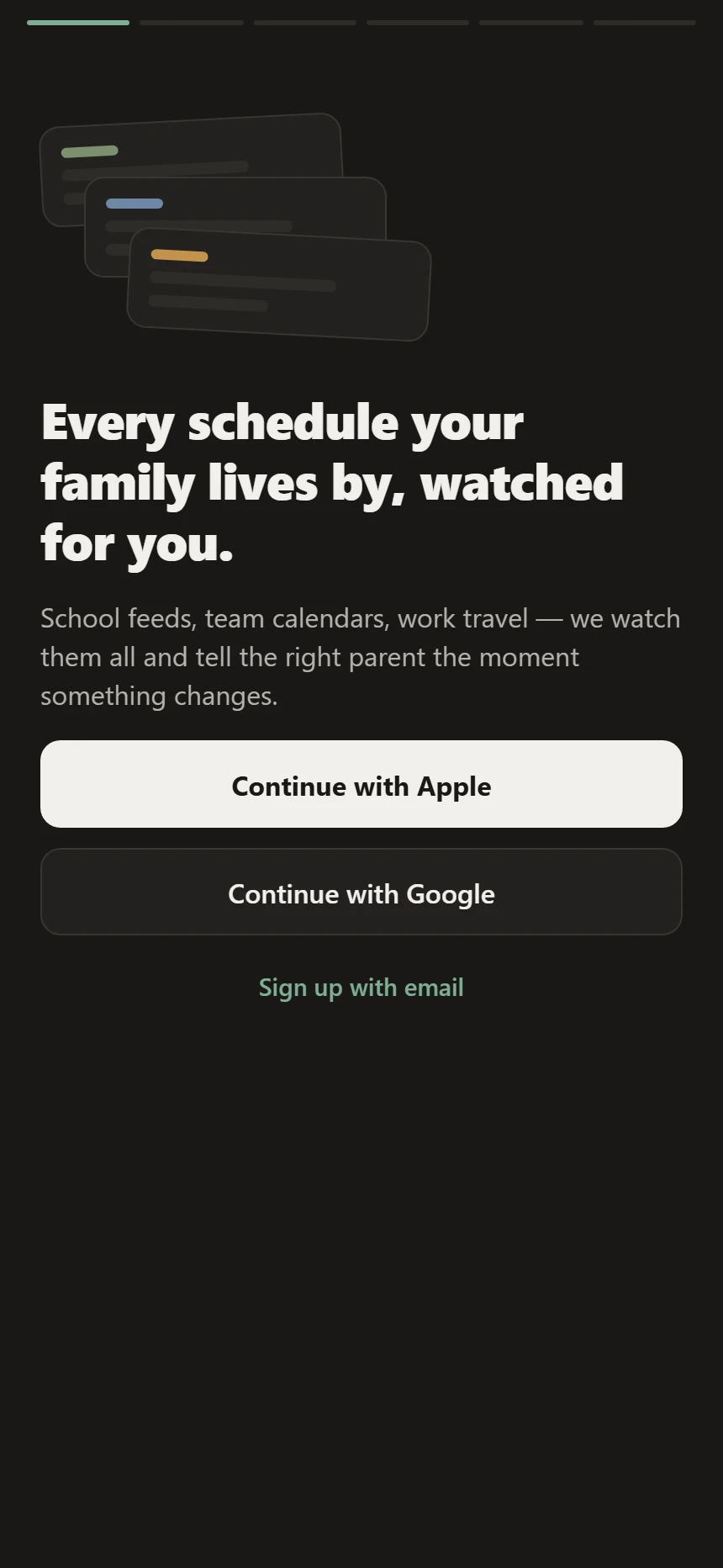 The first screen in Qilt — sign in with Apple, Google, or email