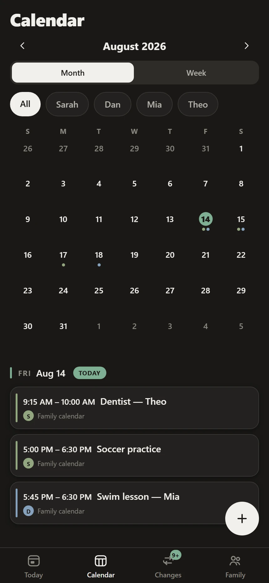 Week view — a filter chip per family member, seven days as one scroll, and a cancelled orthodontist appointment still visible with a strikethrough