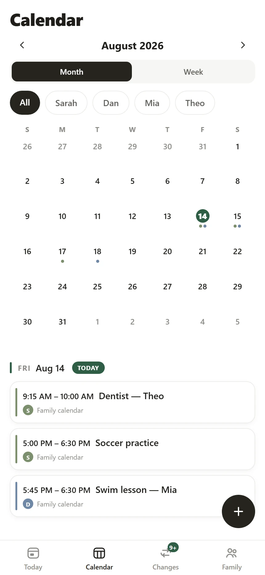 Week view — a filter chip per family member, seven days as one scroll, and a cancelled orthodontist appointment still visible with a strikethrough